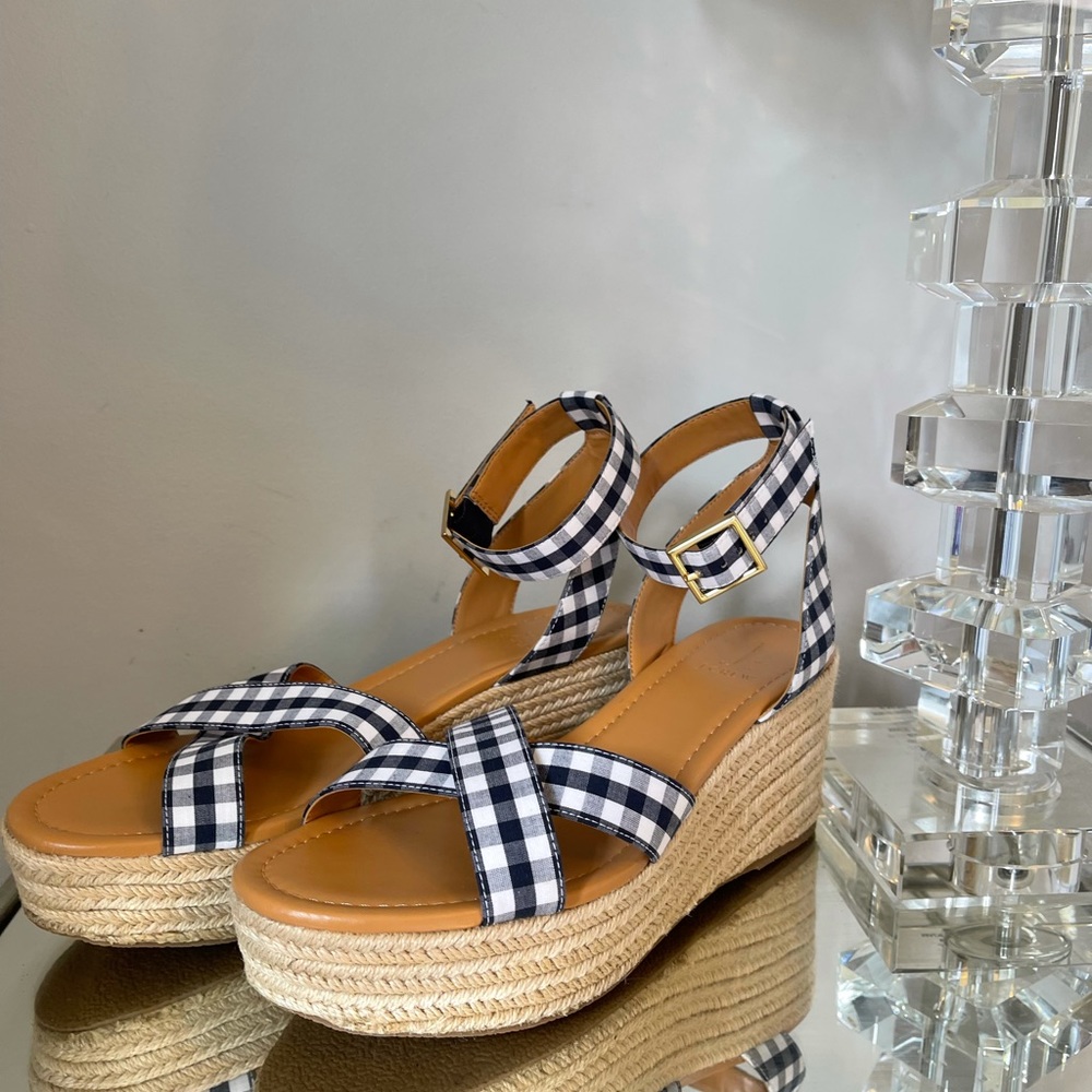 J crew platform wedge sandals blue check gingham